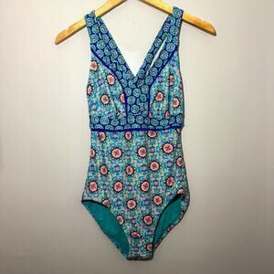 Catalina Blue Teal Medallion Print One Piece Swimsuit V-Neck Criss Cross Back M